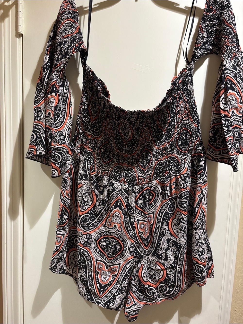 Paisley Smocked Camisole in Black and Coral